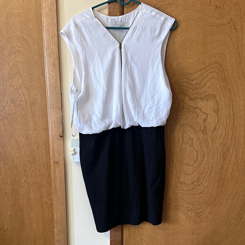 Guess Black and White Zip-Front Midi Dress